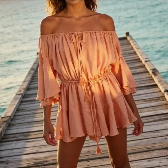 NWT SNDYS Everyday Roam Off Shoulder Mini Dress Romper in Orange Size Med - Picture 2 of 10